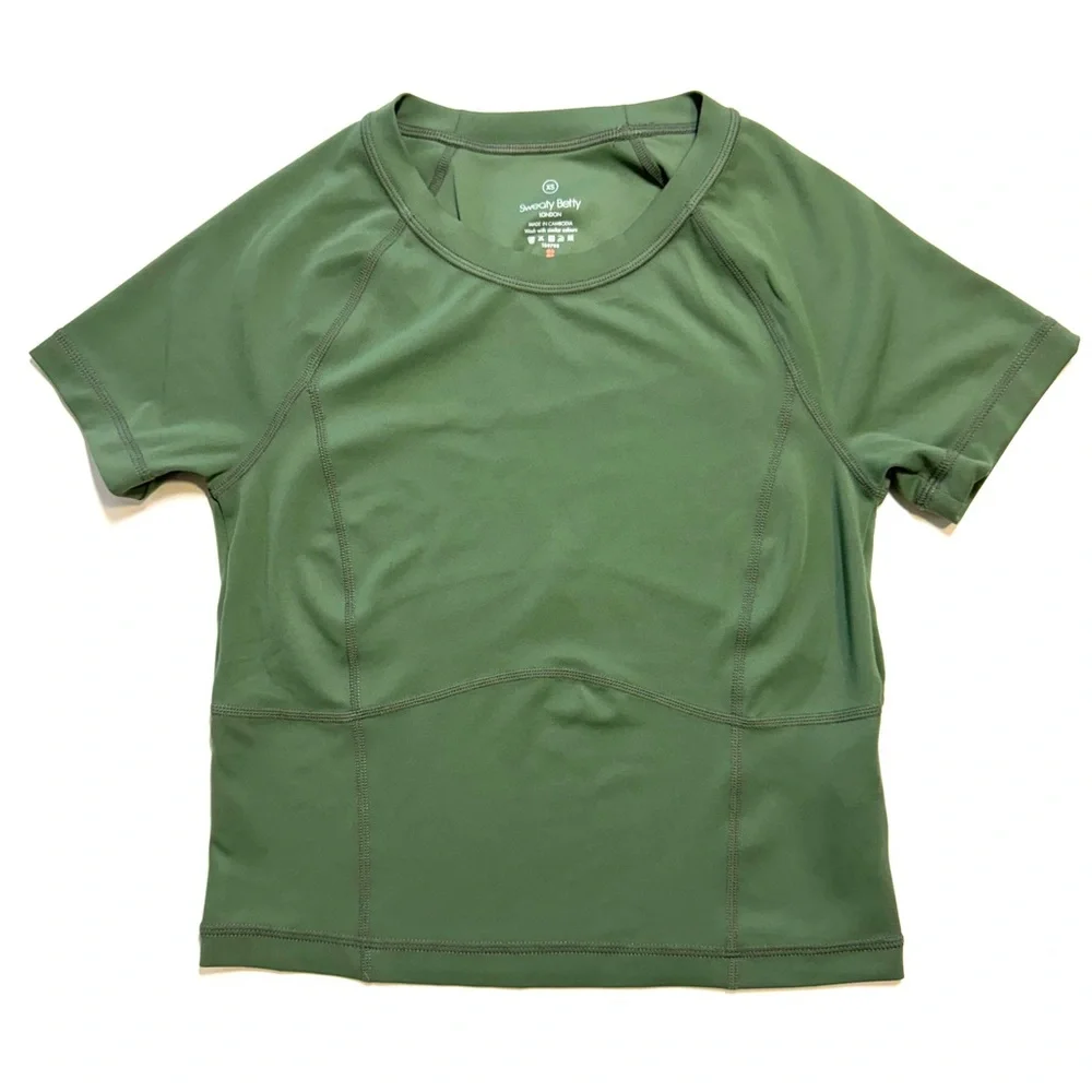 Sweaty Betty All Day Cropped Tee Shirt Olive Green Active Top Women’s Size XS - Picture 3 of 10